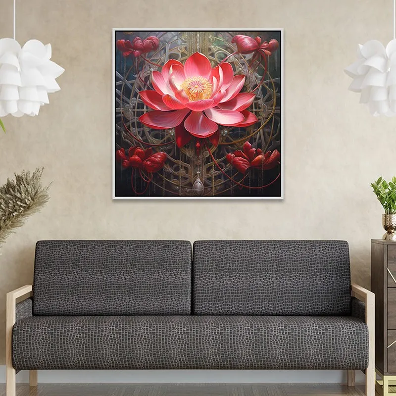 Glowing Lotus Canvas Wall Painting With Frame - White media 5