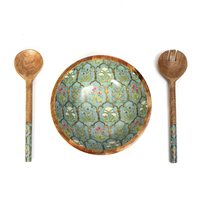 Fleur Jharokha Enamel Coated Mango Wood Salad Bowl With Cutlery (900 mL) - Three Piece Set media 6