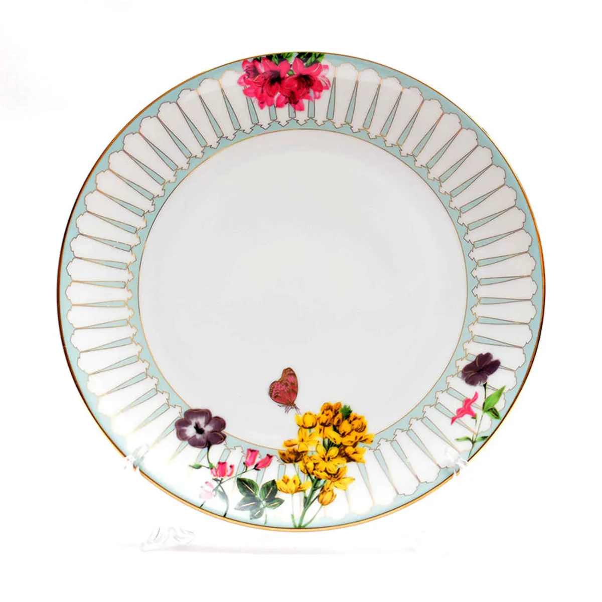 White dinner plate with floral and butterfly motifs and gold edging