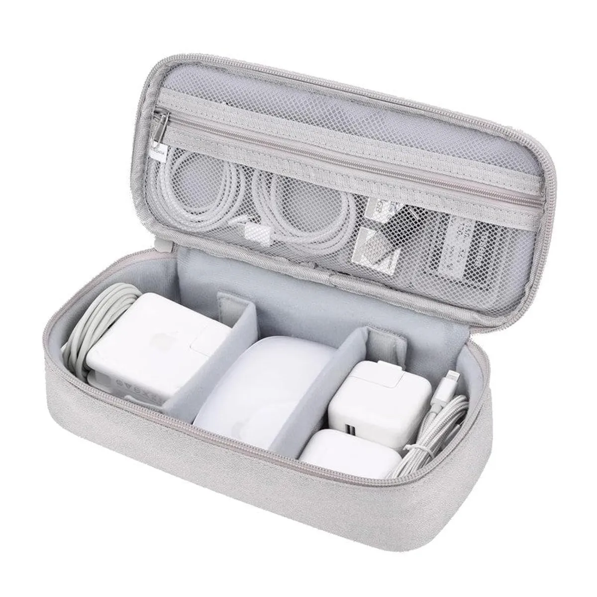 Open grey polyester storage bag with divided compartments against a white background