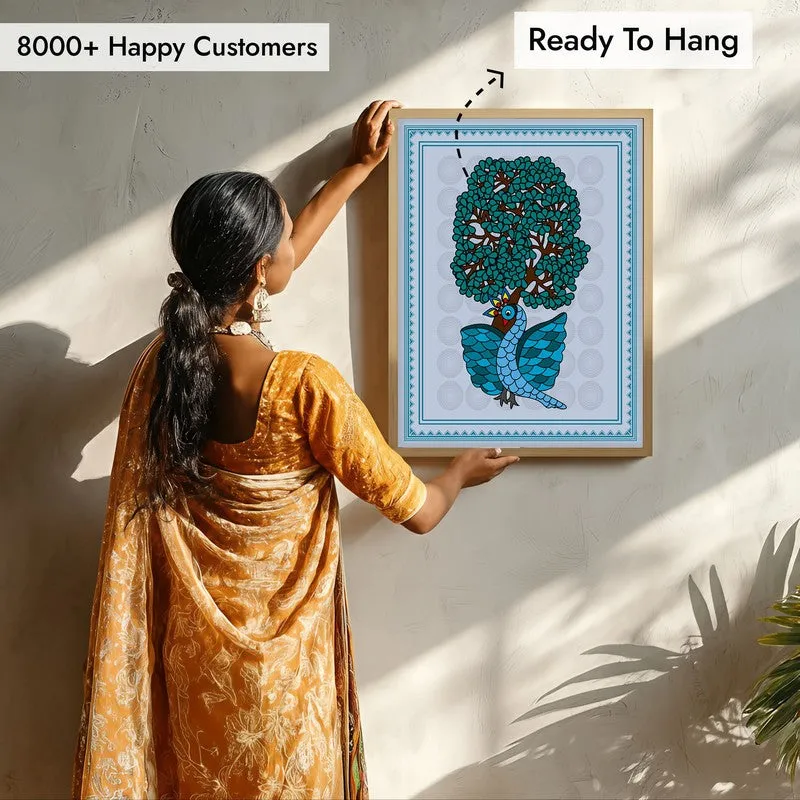 Ethereal Peacock Framed Gond Canvas Archival Canvas Wall Painting - Natural Brown Frame media 8