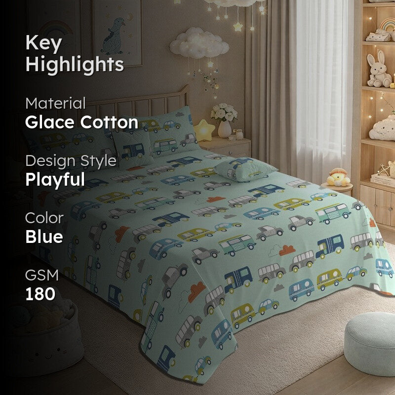 Colorful Wheels GlaceCotton Kids Bedding Set (180 GSM) - Five Piece Set media 2