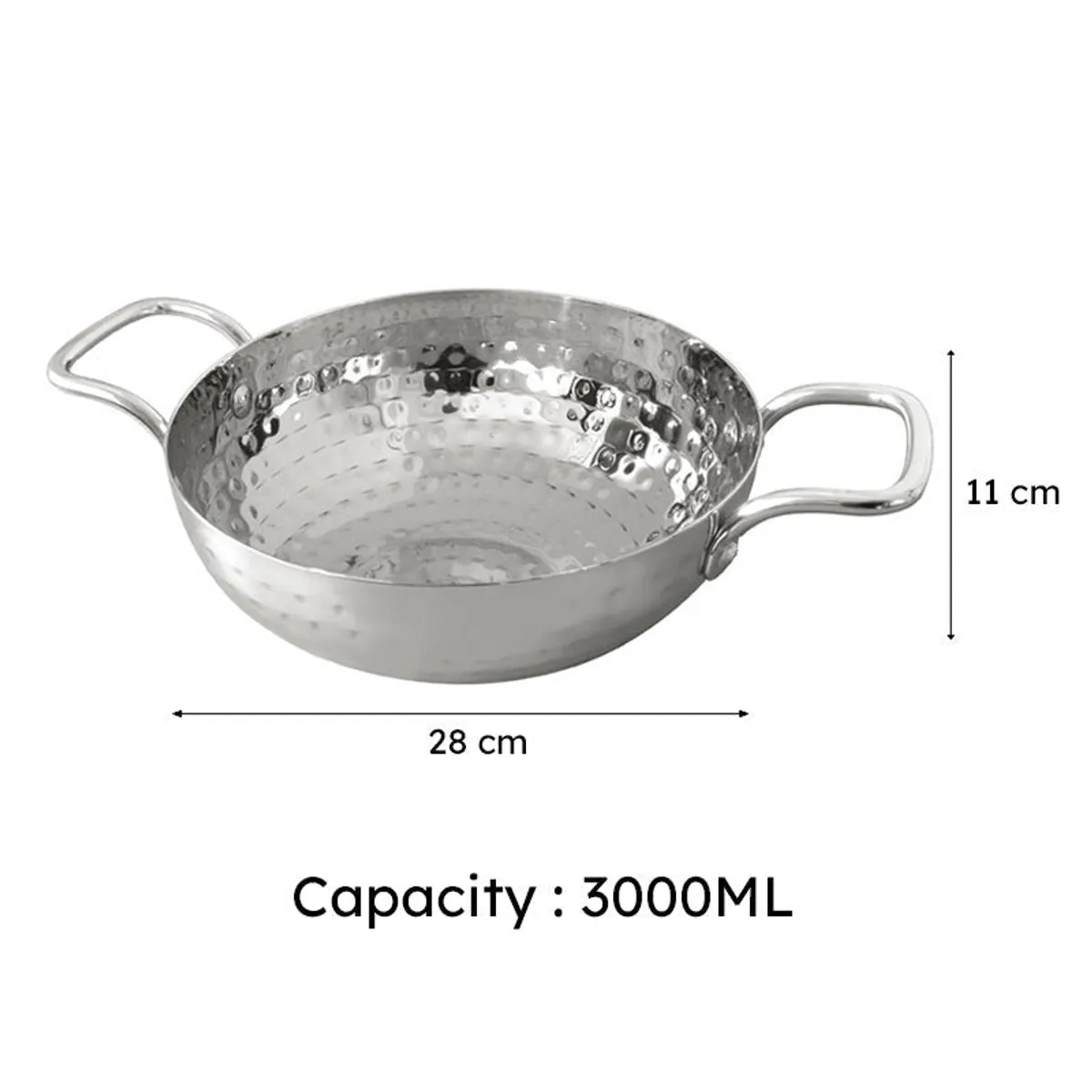 Silver hammered kadhai with two handles shown with 3000 mL capacity and dimensions