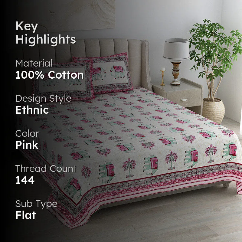 Palms & Tusks Cotton Bedsheet (Pink) - 144 TC media 2