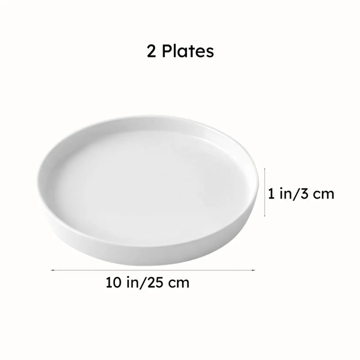 White round ceramic plate shown with 10-inch and 1-inch measurements