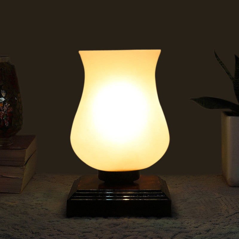 Mirova Glass Table Lamp With Wooden Base - White & Brown
