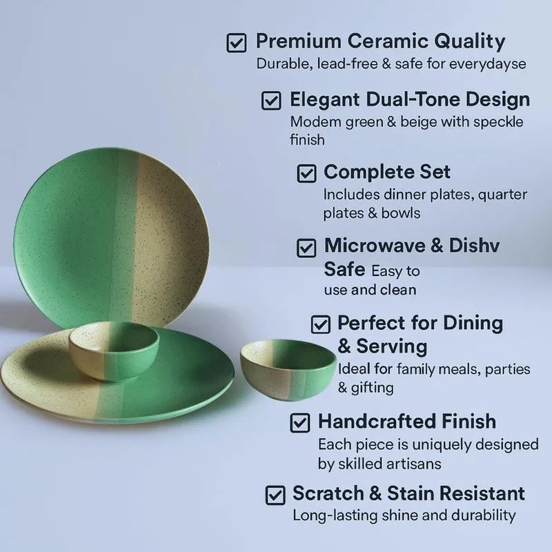 Green and beige dinner plate and bowl displayed in a styled dining arrangement