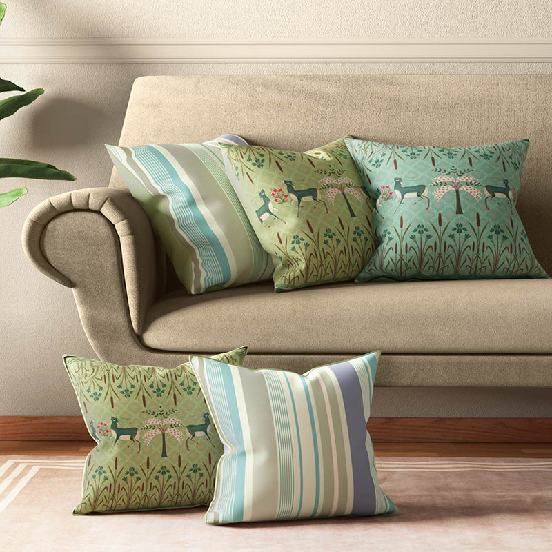 India Circus Symmetric Stag Printed Satin Cushion Cover - Set Of Five