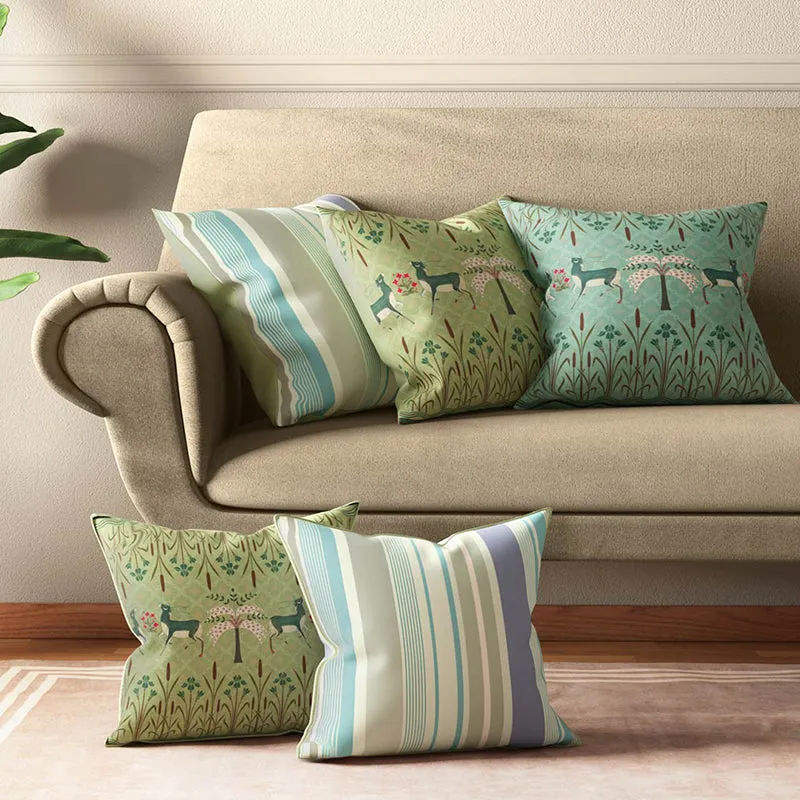 India Circus Symmetric Stag Printed Satin Cushion Cover - Set Of Five media 1