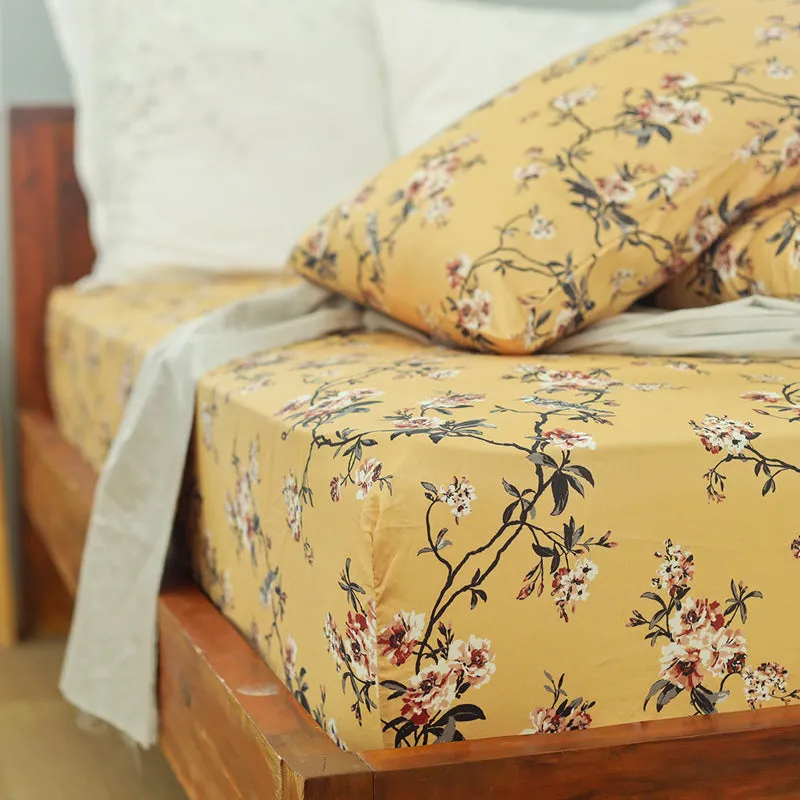 Cherry Blossom Printed Cotton Bedsheet (Mustard Yellow) - 300 TC media 8