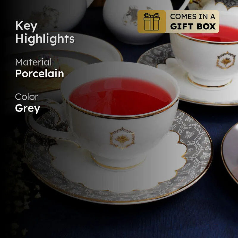 Gilded Legacy 24k Gold Brushed Porcelain Tea Set With Tea Pot (Grey) - Seventeen Piece Set media 2