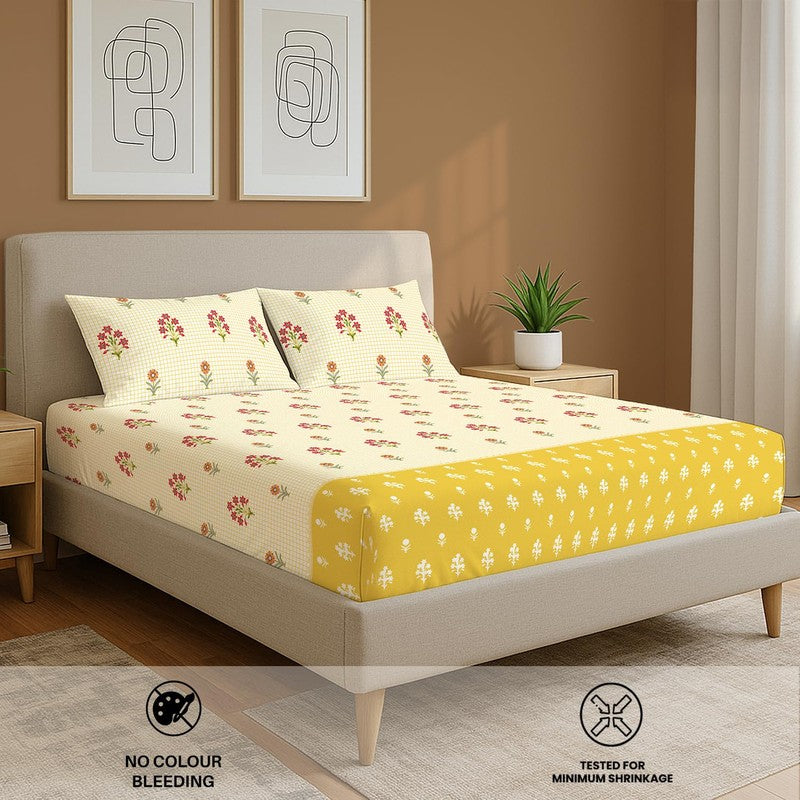 Sunshine Blossoms Floral Cotton Bedsheets (Yellow) - 144 TC media 5