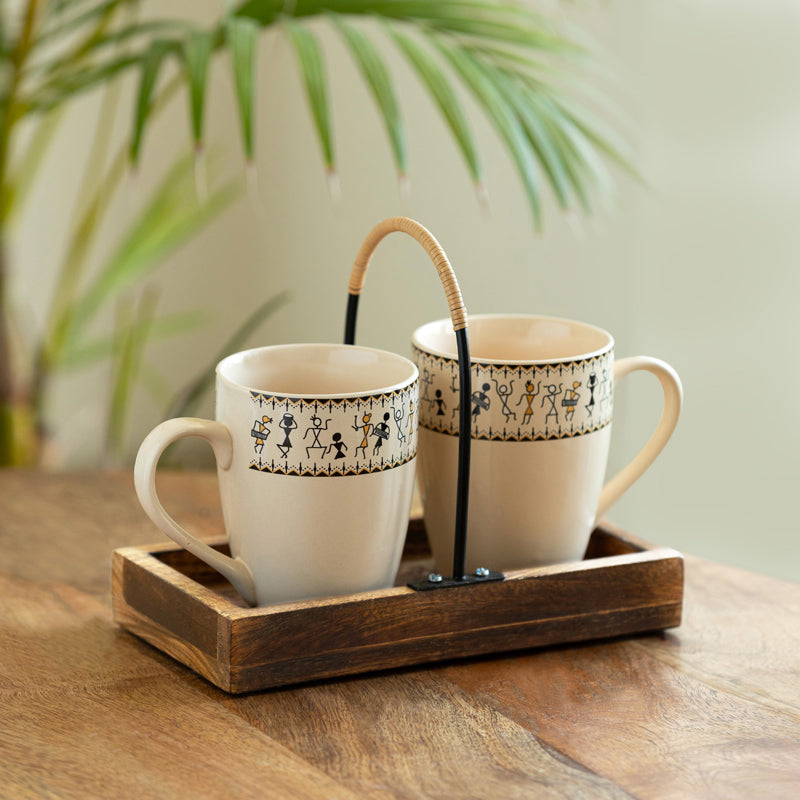 Warli Ceramic Coffee Mug (300 mL Each) - Three Piece Set