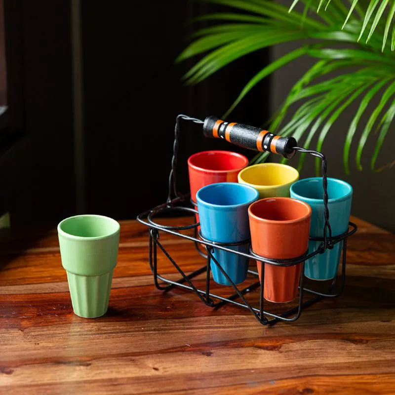 Mitti Rang Ceramic Cutting Chai Glass With Holder (110 ML Each) - Seven Piece Set media 1