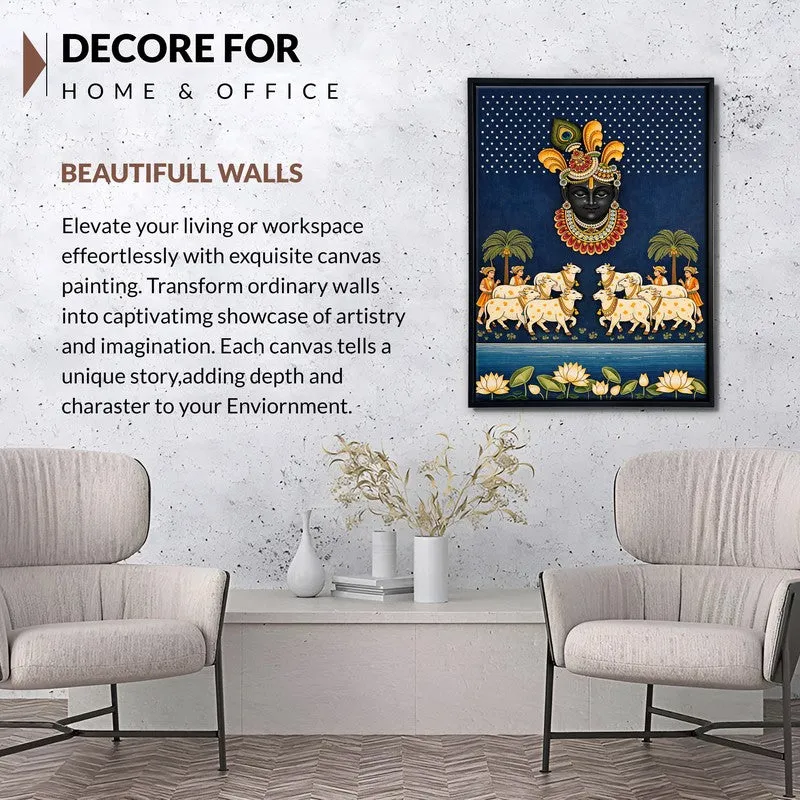 Krishna Gwalas Cow Canvas Wall Painting With Frame media 6