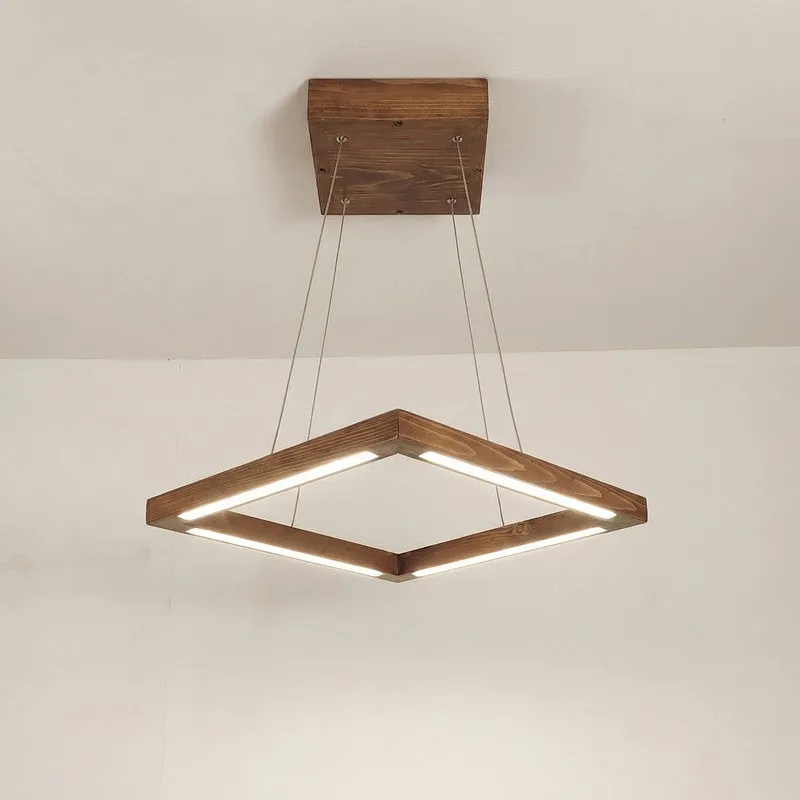 Front view of a square wooden LED ceiling lamp with slim suspension wires