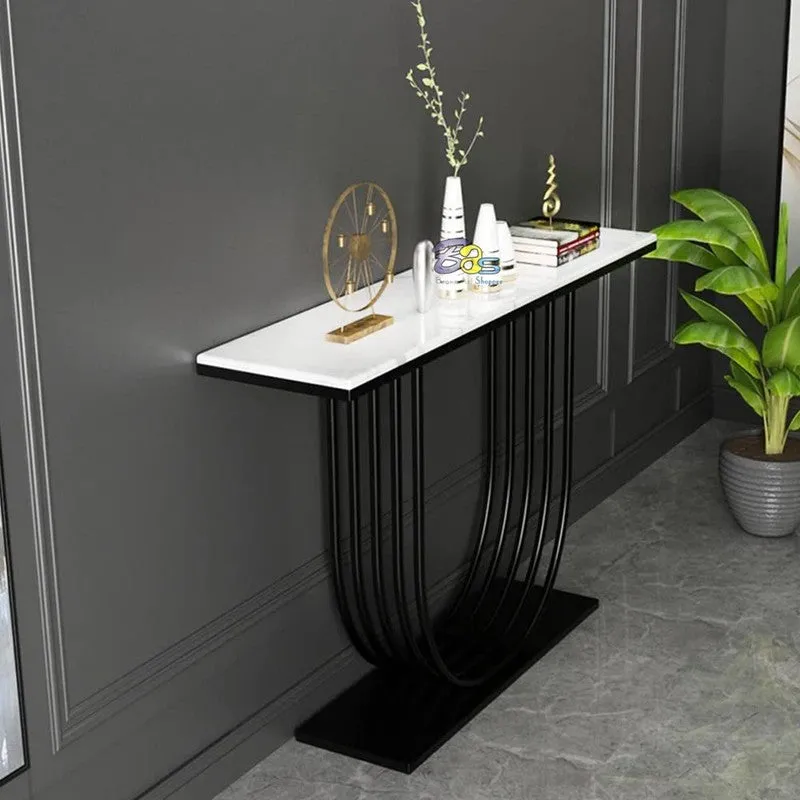 U Shape Metal Console Table with Marble Top (Black) - Small media 3