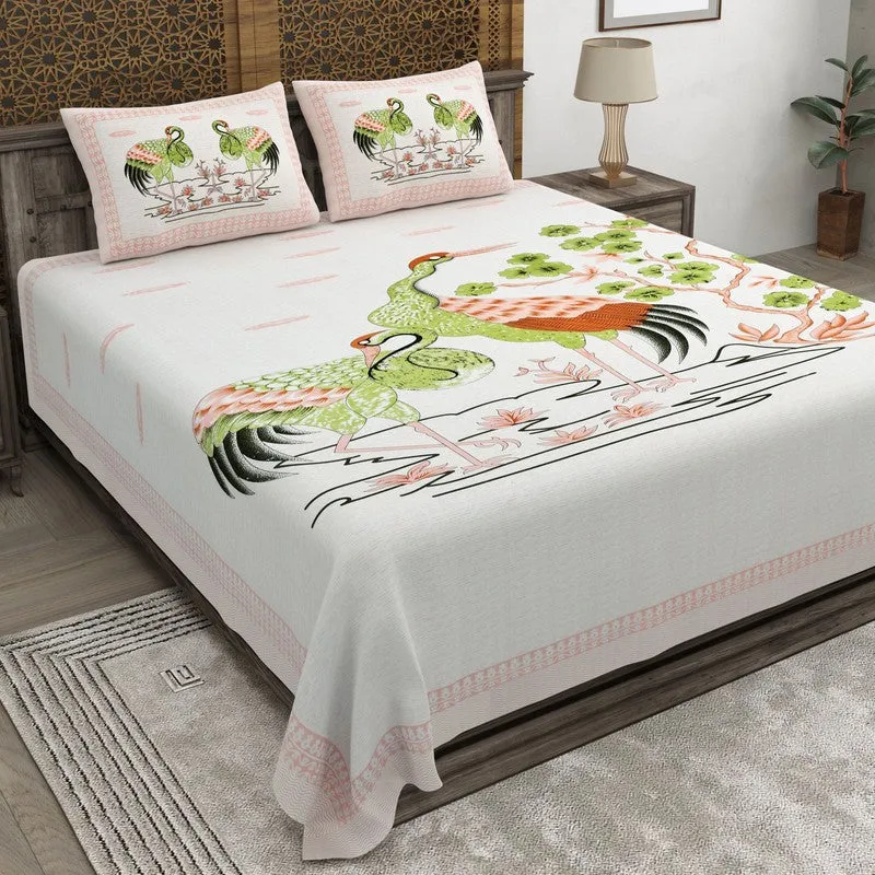 Classica Cotton Bedsheet (Off White,Green) - 240 TC media 1