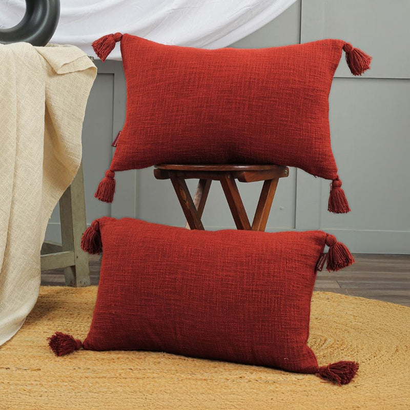 Claira Rectangle Solid Cotton Cushion Cover (Red) - Set Of Two media 2