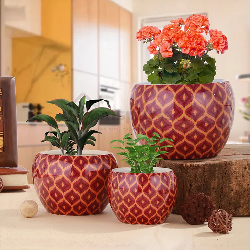 Set of three maroon patterned round planters styled with plants indoors