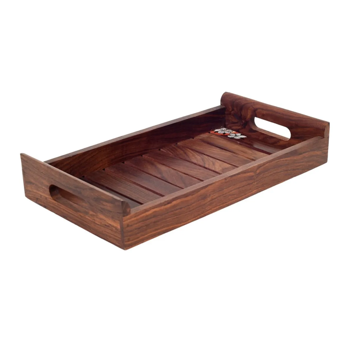 Brown rectangular wooden serving tray shown against a white background