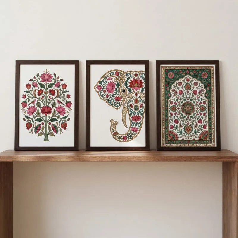 Floral Elephant & Mandala Wall Painting With Frame - Set Of Three media 3