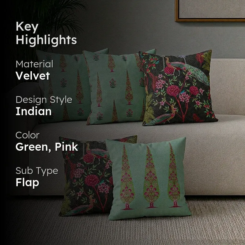 India Circus Peacock & Pine Printed Velvet Cushion Cover - Set Of Five media 2