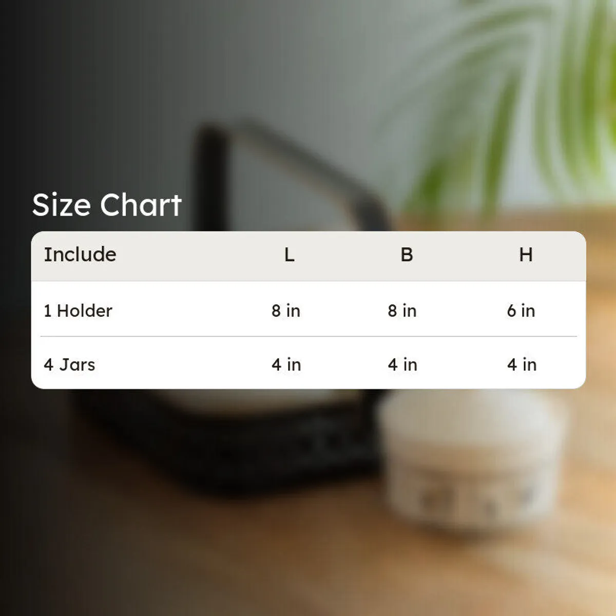 Lifestyle product image of the jar holder set with a size chart overlay.