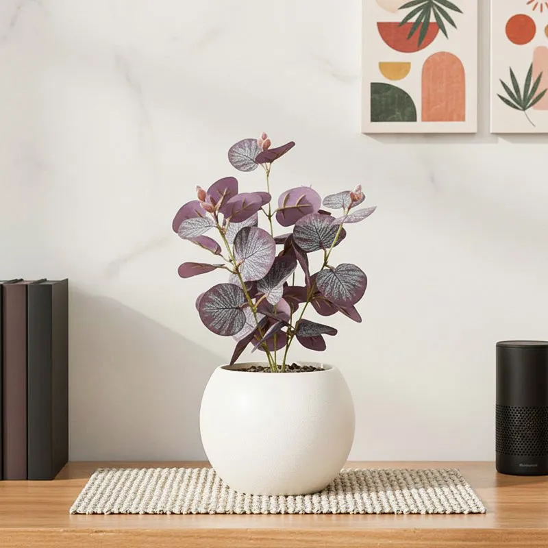 Artificial Eucalyptus Plant With Black Fiber Pot (Purple) - 1 Feet media 1