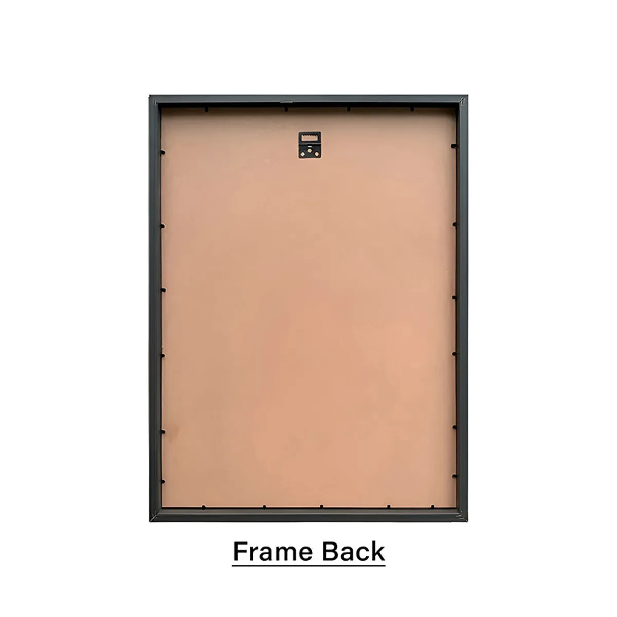 Back view of a black picture frame against a plain white background