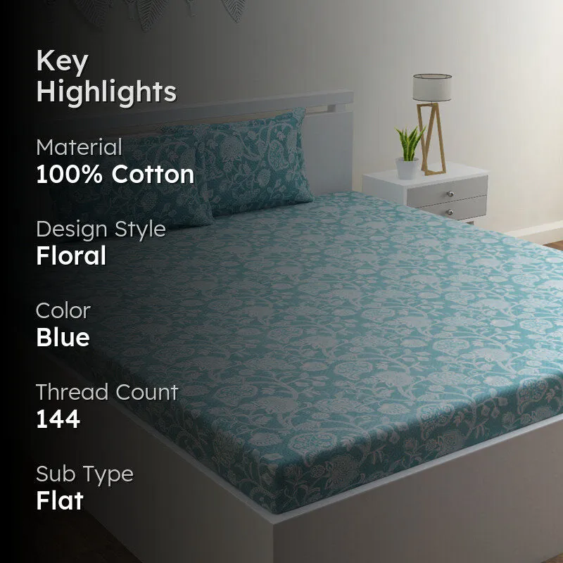 Dream Vines Cotton Bedsheet (Sky Blue) - 144 TC media 2