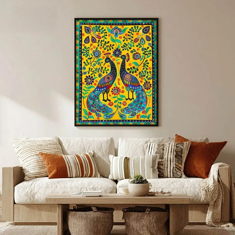 Colorful Peacock Folk Art Canvas Wall Painting With Black Frame media 1