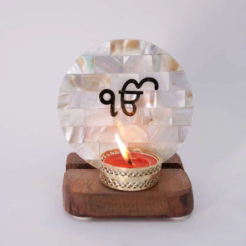 Ik Onkar Mother Of Pearl Religious Accent With Tealight Candle Holder media 5