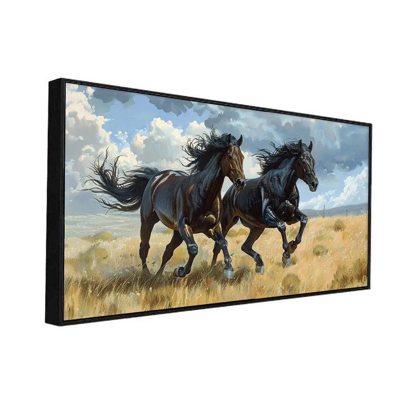 Ebony Duo Stallions Canvas Wall Painting With Frame - Black media 4