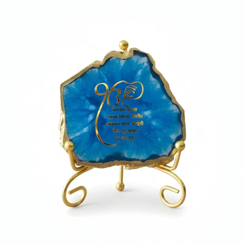 Krishna Blessing Aura Agate Showpiece With Stand - Blue & Gold media 3