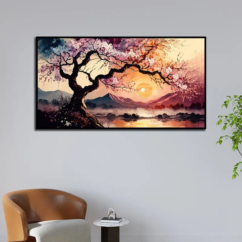 Cherry Blossom Sunset Landscape Canvas Wall Painting With Frame - Black media 1