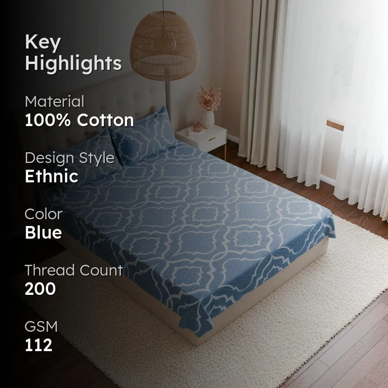 Medina Maze Ethnic Cotton Bedsheet (Blue) - 200 TC media 2
