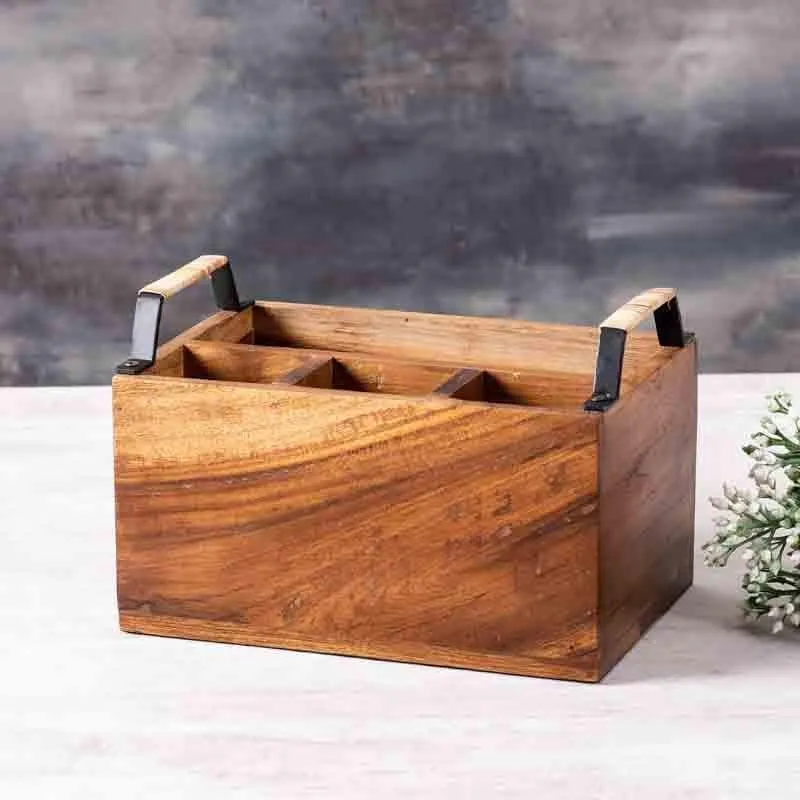 Brown wooden cutlery holder shown empty from the front