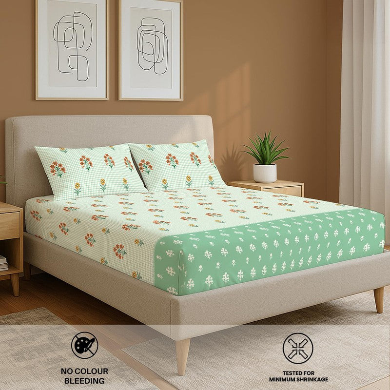 Green Meadows Floral Cotton Bedsheets (Green) - 144 TC media 5
