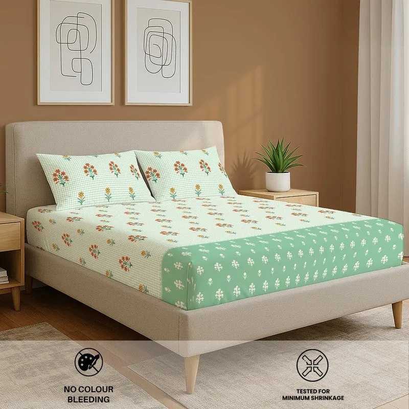 Green Meadows Floral Cotton Bedsheets (Green) - 144 TC media 5