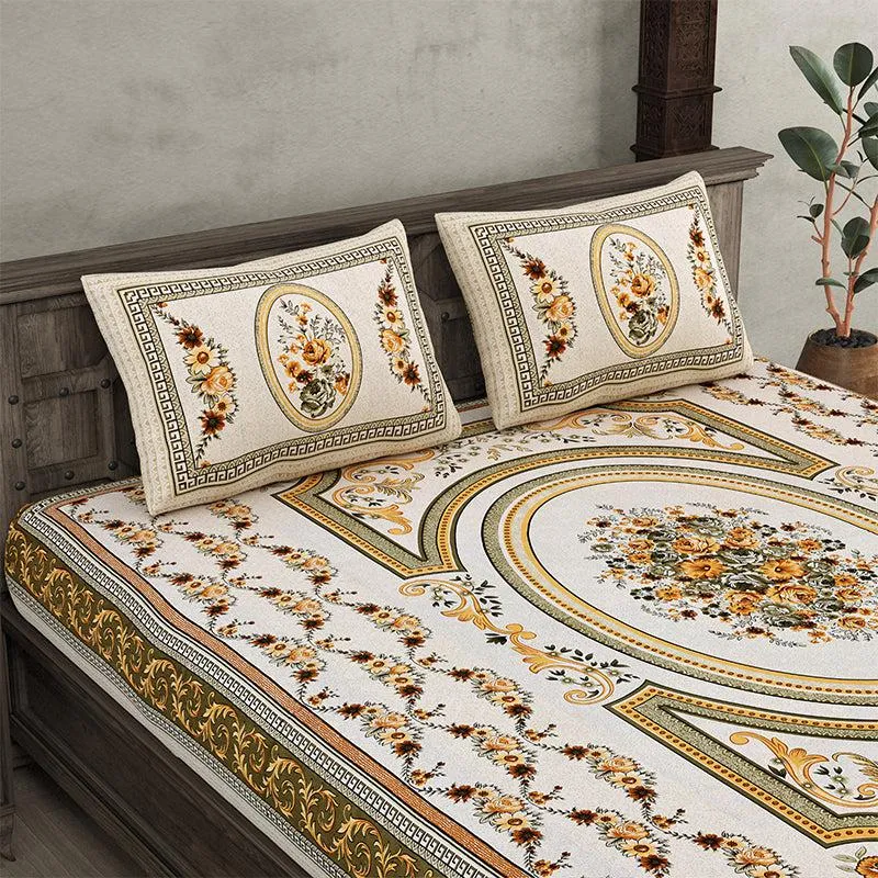Pusthi Ethnic Cotton Bedsheet (Yellow) - 240 TC media 3