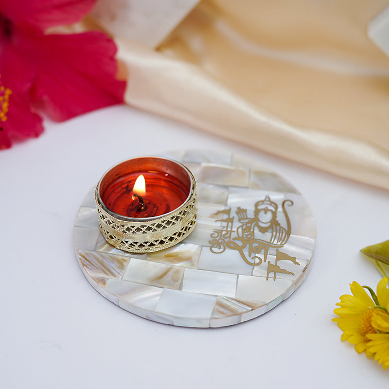 Nacre Jai Shri Ram Mother Of Pearl Religious Tea Light Holder