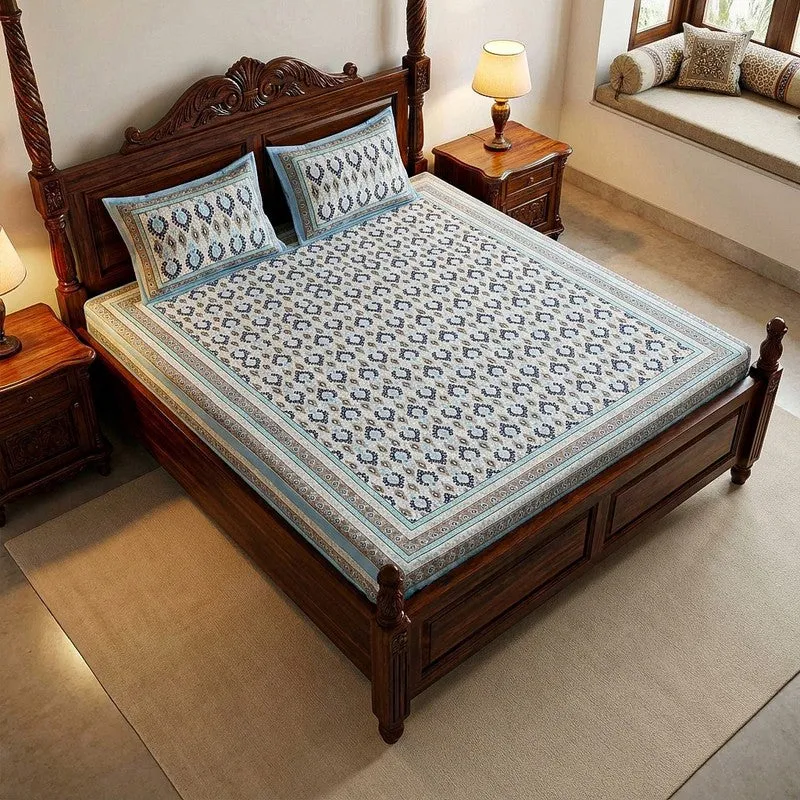 Zane Ethnic Cotton Bedsheet (Blue) - 180 TC media 1