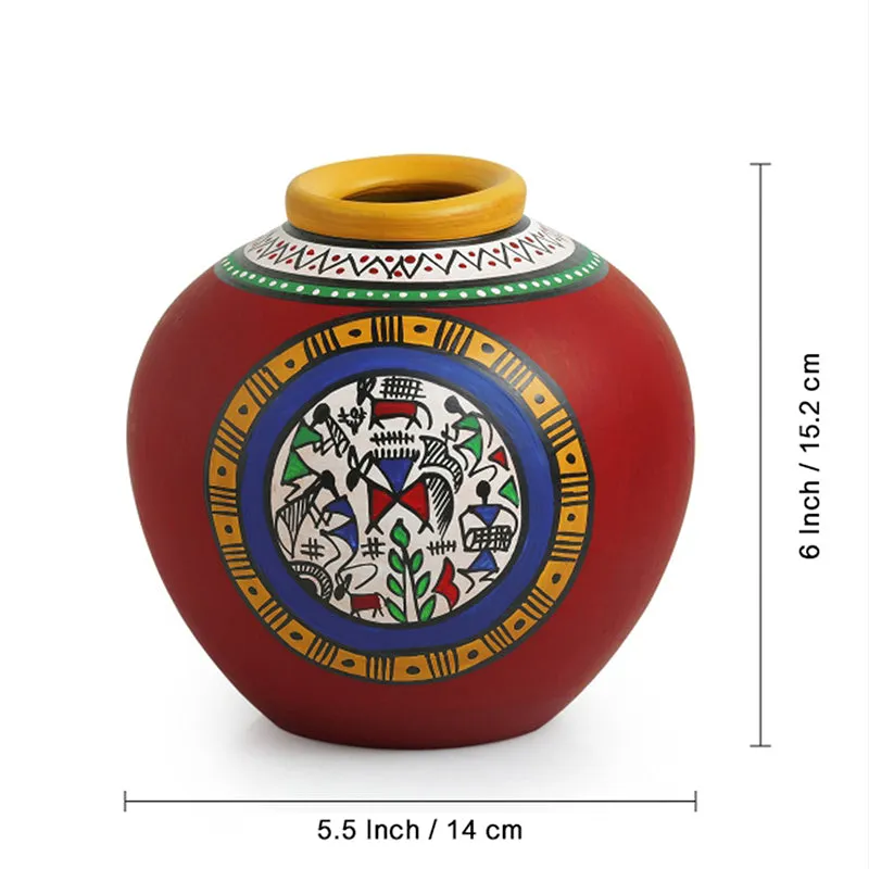 Kapiva Warli Handpainted Terracotta Vase (Blue & Red) - Set Of Two media 6