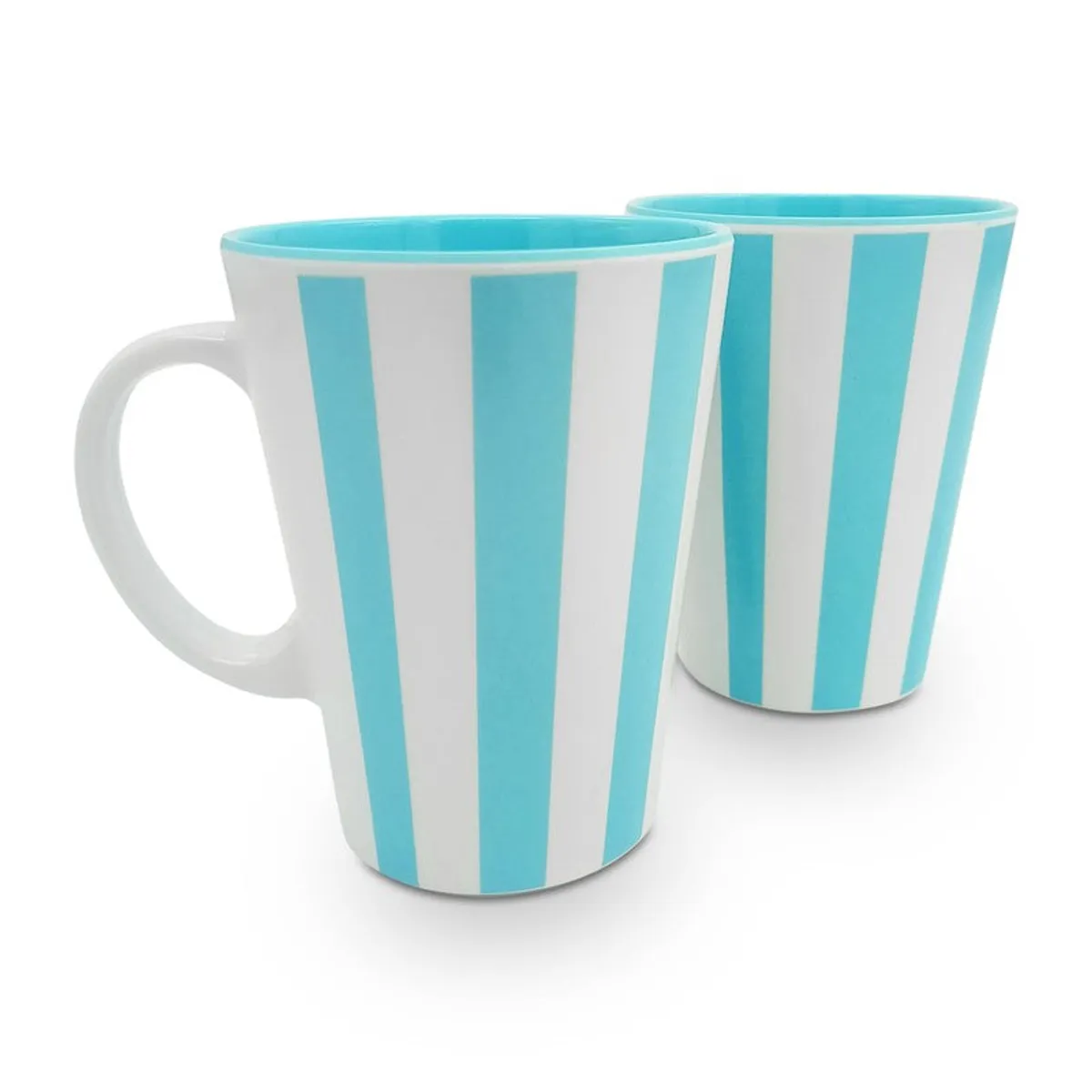 Two aqua-and-white striped mugs arranged one behind the other on a white background