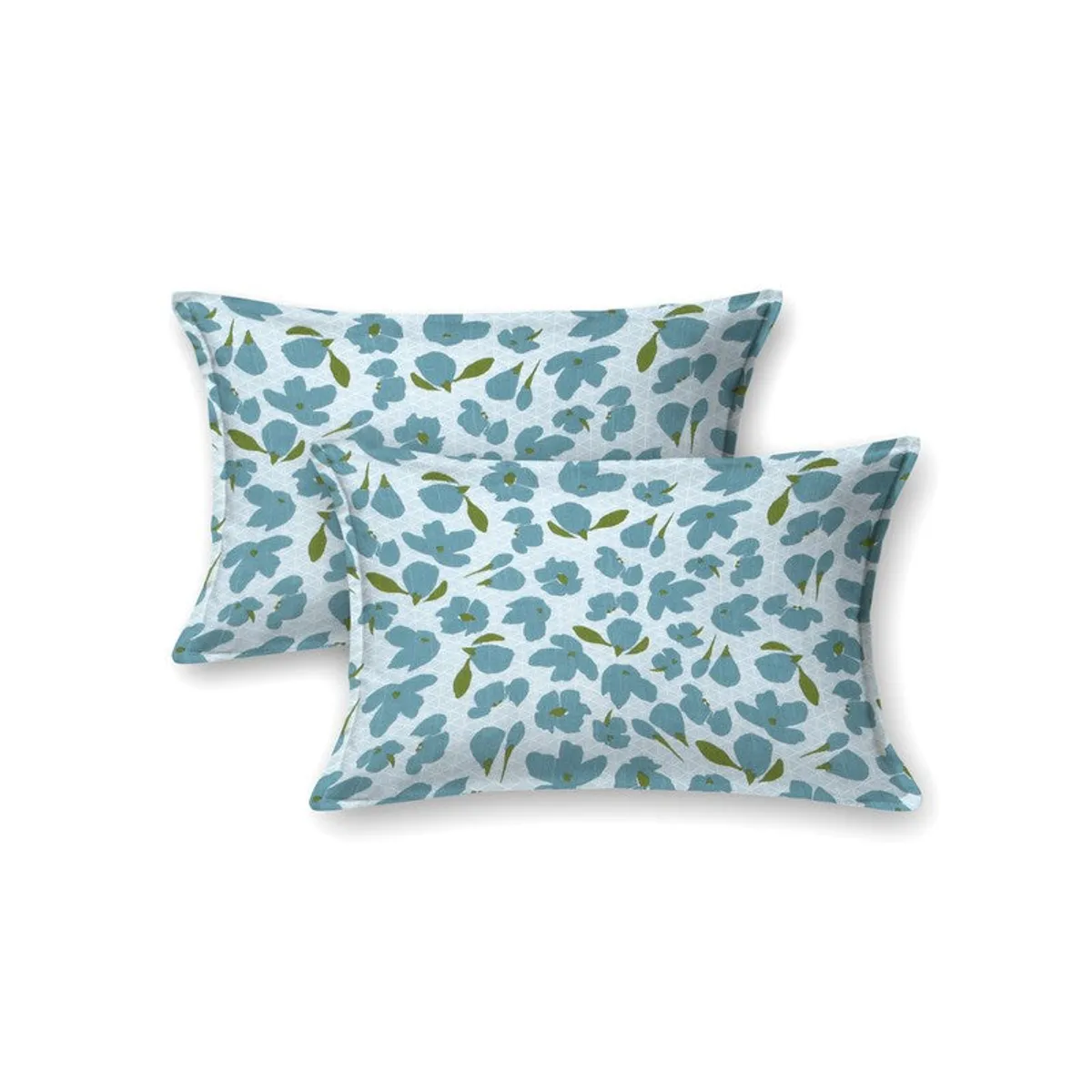 Two matching blue floral pillow covers displayed on a white background