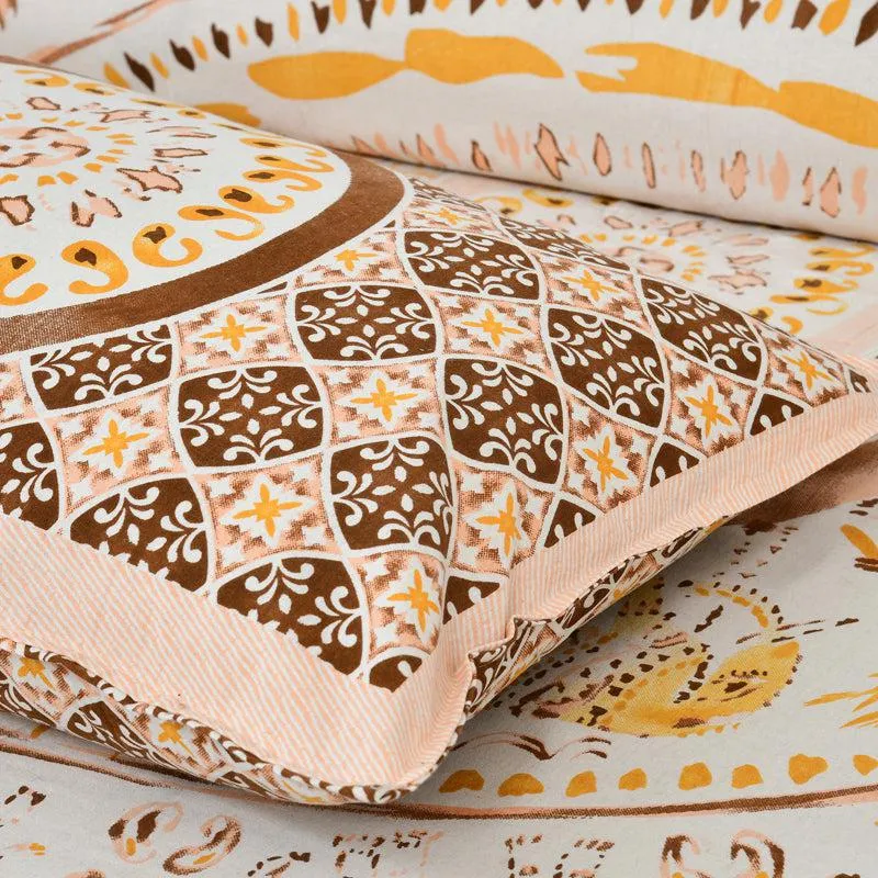 Mekhala Ethnic Cotton Flat Bedsheet (White & Brown) - 160 TC media 5