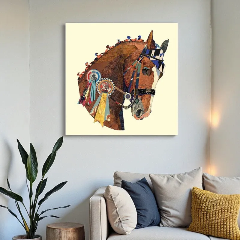 Horse head canvas wall art displayed above a sofa beside a tall plant.