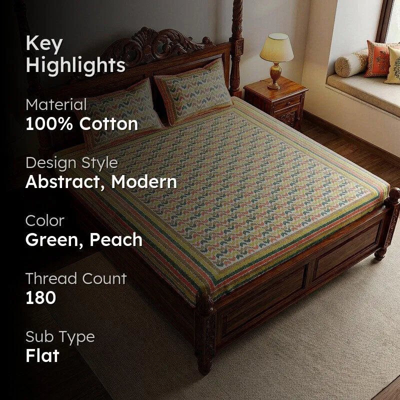 Vance Abstract Cotton Bedsheet (Green,Peach) - 180 TC media 2