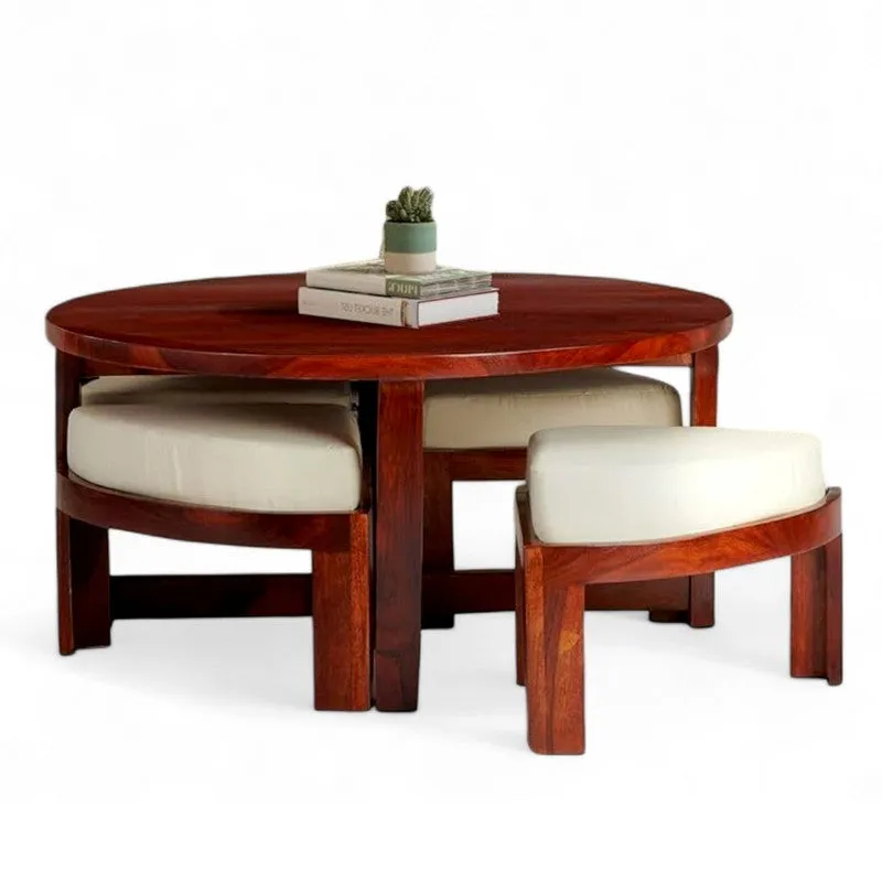 Gravex Sheesham Wooden Center Table with Stools and Cushions (Brown,Red) - Nine Piece Set media 6